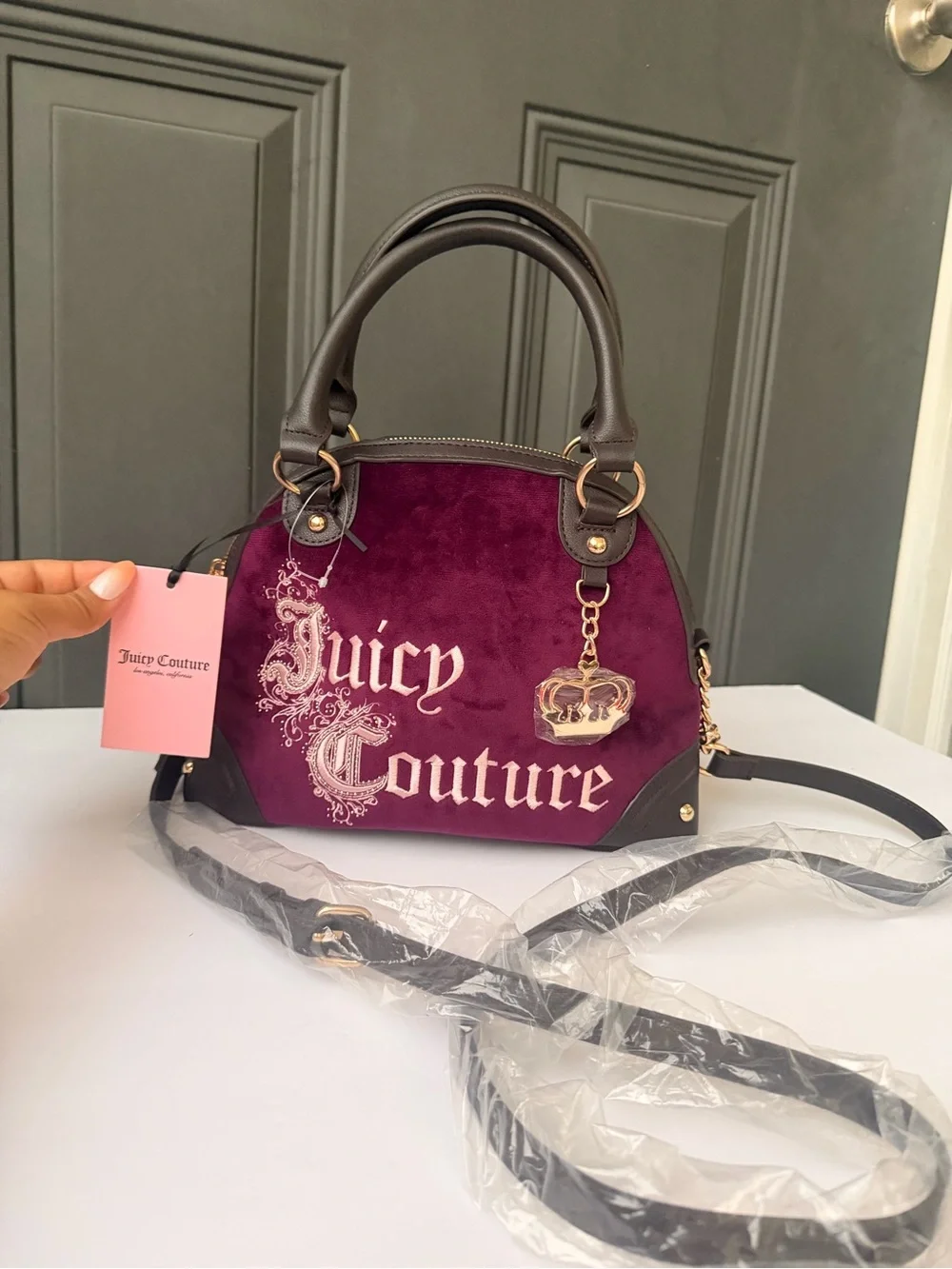 Juicy Couture Velvet Crossbody Dome Bag in Plum and brown